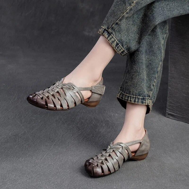 Johnature Sandali traspiranti cavi in vera pelle Scarpe da donna retrò comode e versatili
