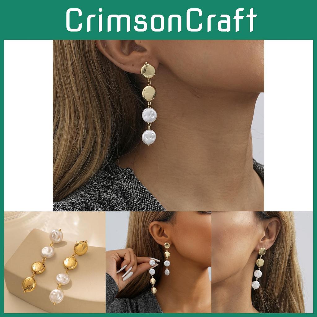 Chic 2023 Winter Gold Round Faux Pearl Earrings Stylish Long Design For Women