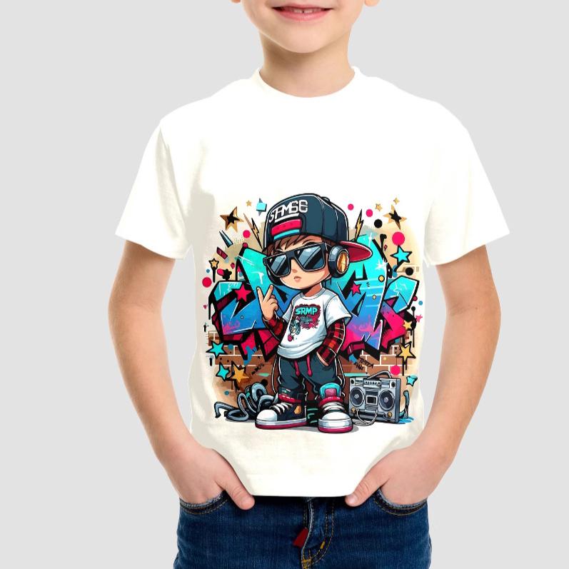 Summer Round Neck Hip - Hop Cartoon Character 3D Printed Top Fashionable Casual Short Sleeved Children's Boy T-shirts