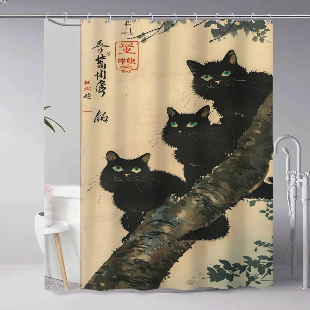 Japanese Cat Classic Vintage 1pc Pattern Shower Curtain Plus Hooks Waterproof Machine Washable Polyester Fabric Abstract