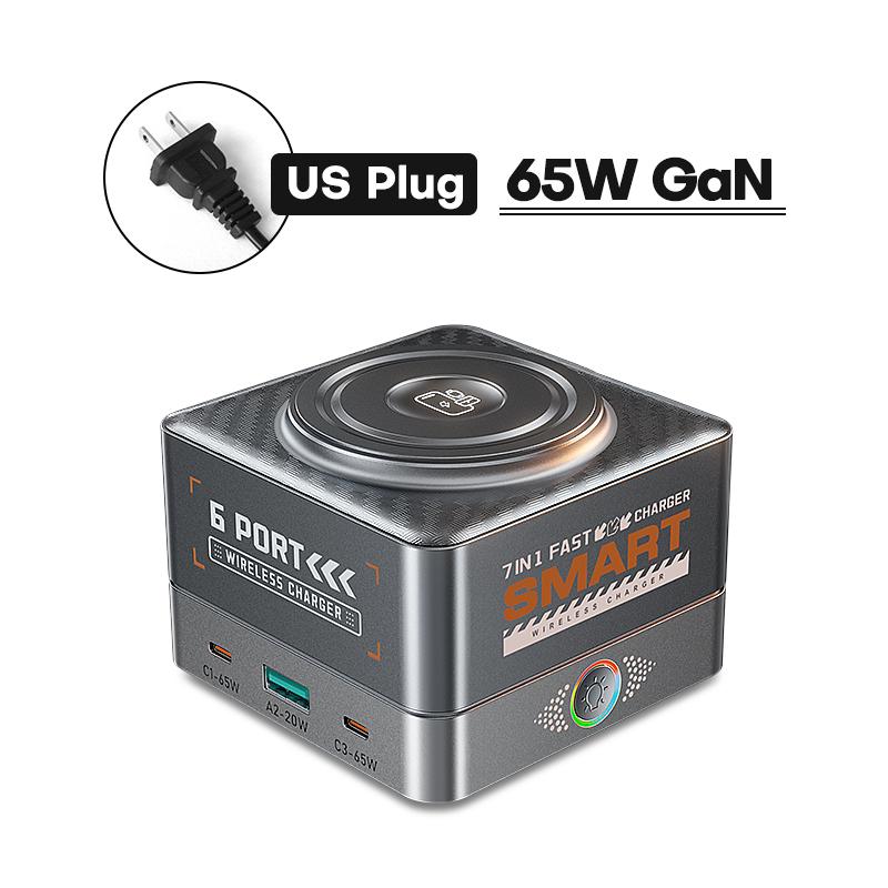 QOOVI 7 in 1 GaN 65W USB Type C Charger Station Fast Charging PD3.0 PPS Wireless Charge For iPhone iWatch Laptop iPad Samsung