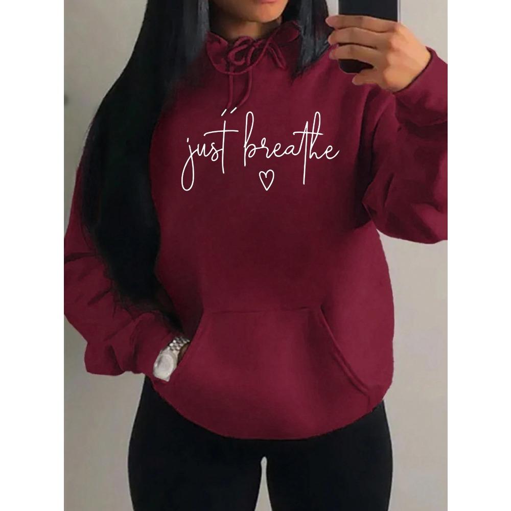 Just Breathe Love Art Letter Design Women Hoody Trendy Fleece Hoodie Autumn Pocket Hoodies Multicolor Soft Streetwear