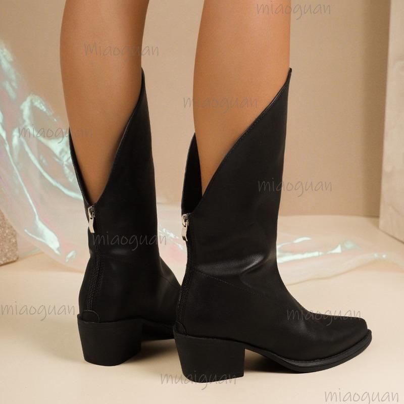 Fashion British Style Embroidered Solid Black Mid Heel Knight Boots 2025 Autumn New Pointed Back Zipper Western Mid-Calf Boots for Women