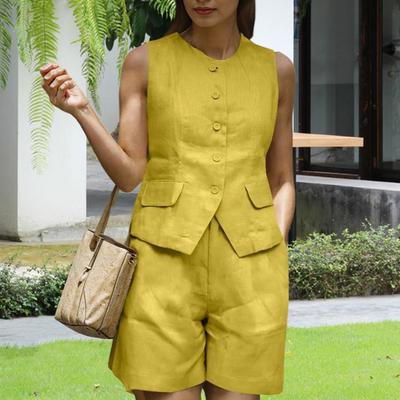 Yousheng 2Stk/Set Damen Sommer Outfit Rundhals Ärmellos Knopfleiste Weste High Waist Shorts Set Pendlerstil Formelle Kleidung