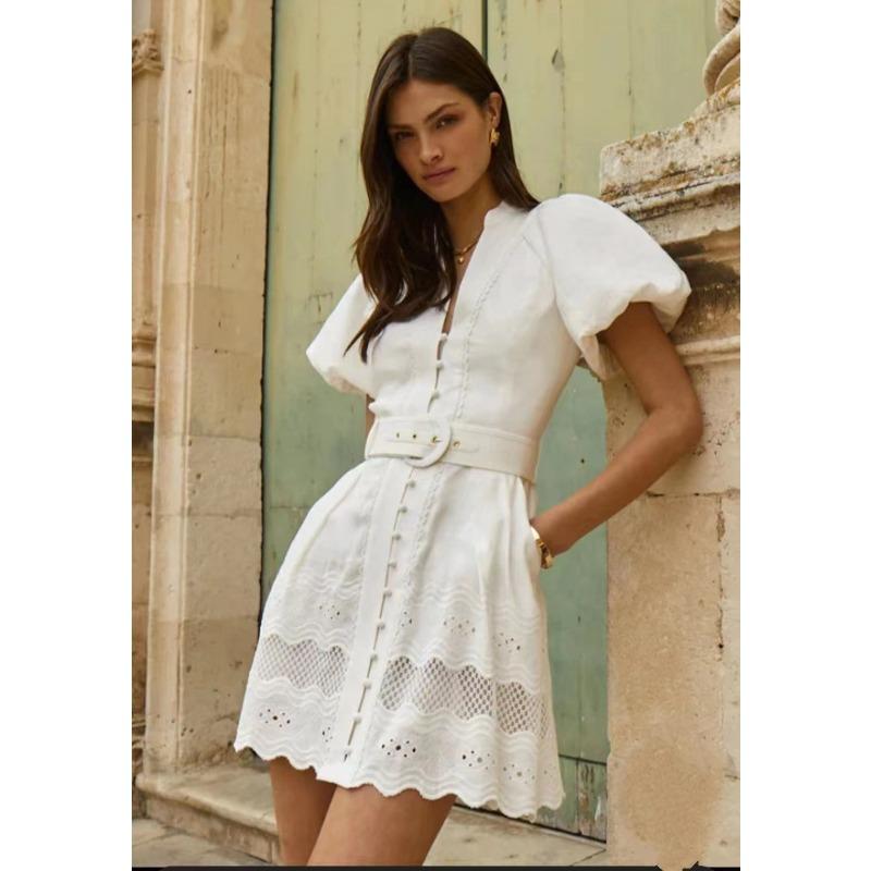 

Однобортное платье с v-образным вырезом и рукавами-пузырьками, короткое платье с поясом на талии, женское повседневное платье, длинное платье, женское платье, элегантное платье XL белый