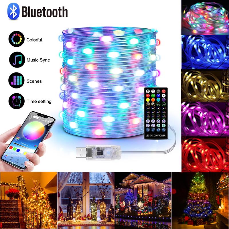 

5/10/20M светодиодные гирлянды RGBIC Dream Color с пультом дистанционного управления и приложением для синхронизации музыки RGBIC Рождественская вечеринка Декор для комнаты и сада DC5V 5M 50LED