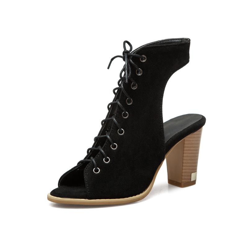 Flock Front Lace Up Roman Sandals Women High Heels Shoes for Summer Sexy Open Toe Gladiator sandalias mujer Female Shoes WSH3900