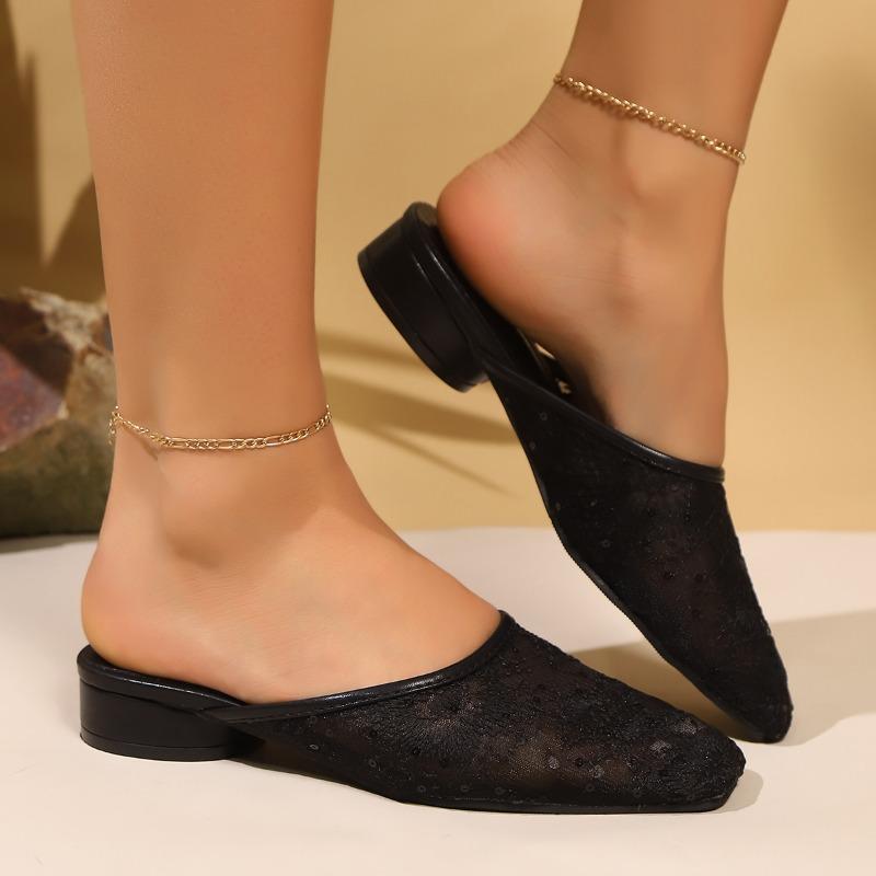 Fashion Summer Women Slippers Sexy Lace Mules Indoor Home Slides Square Toe Female Flats Shoes Outdoor Clogs Beach Sandals Flip Flops