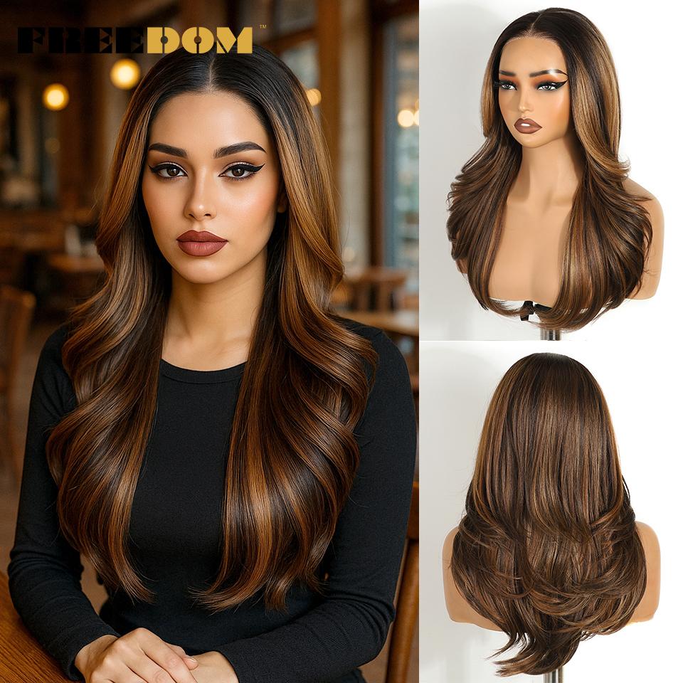 FREEDOM Layered Synthetic Lace Front Wigs For Women 20 Inch Ombre Blonde Wavy 6X4 Pre Plucked Wear And Go Glueless Lace Wigs