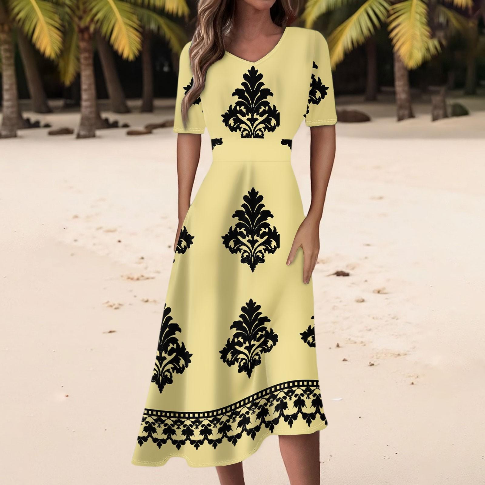 

Women s Casual Fashion Retro Printed V-neck Short-sleeved Waist-length Dress XL жовтий