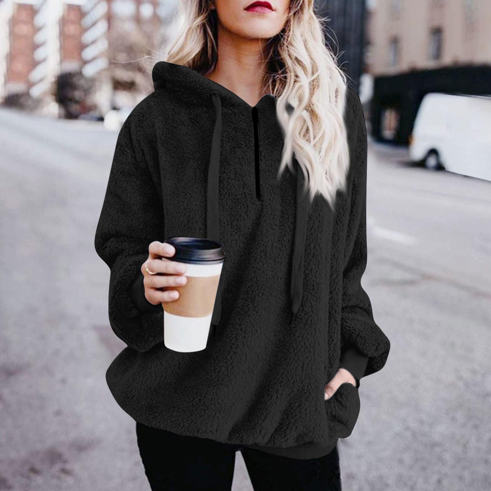 

Жіночий модний однотонний плюшевий світшот з капюшоном у стилі печворк і довгими рукавами на блискавці L чорний