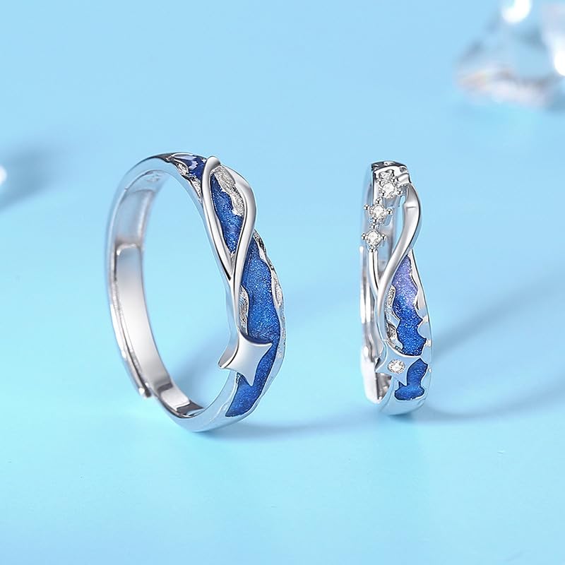 Pairing Couple Ring Comet Starry Sky Design 925 Sterling Silver Enamel Adjustable Matching Gift Box Included [Rockyu] &