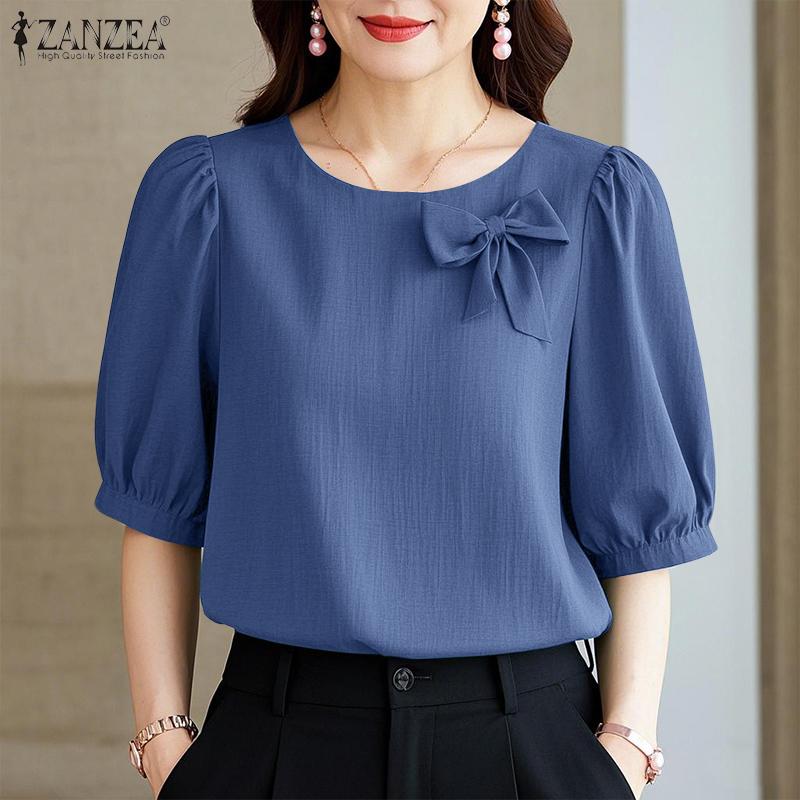 ZANZEA Women Casual Round Neck Summer Short Sleeve Blouse