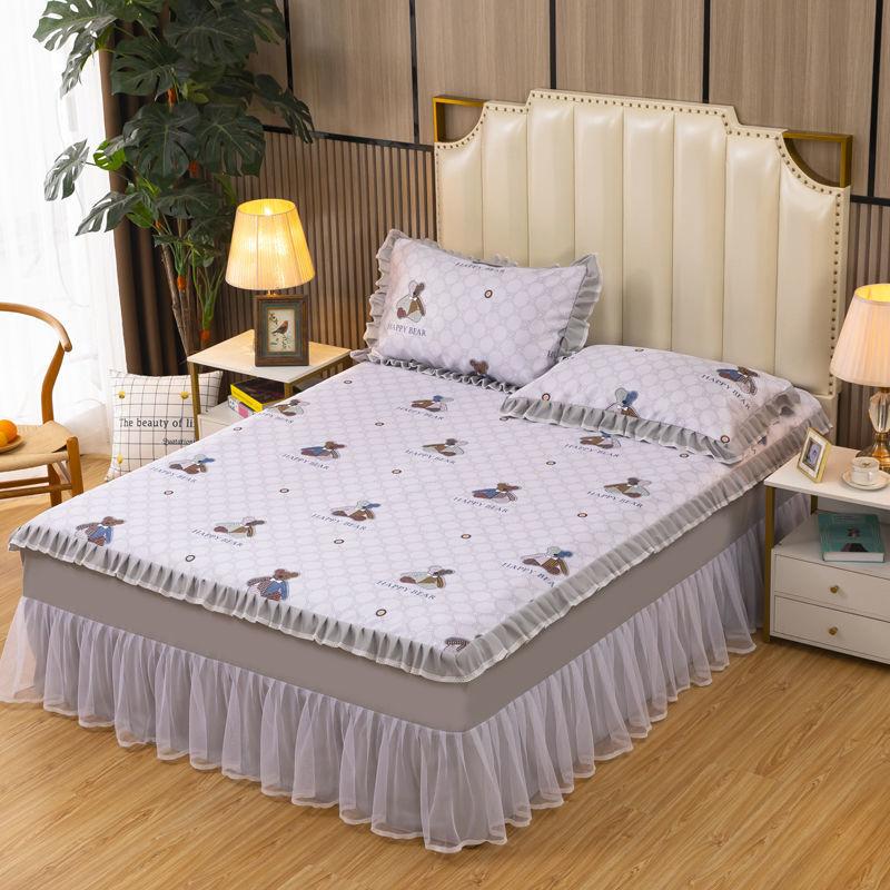 Summer Bed Skirt Ice Silk Summer Mat Water Machine Washable Folding Bed Cover Single Double Air Conditioning Soft Mat Three-Piece Set