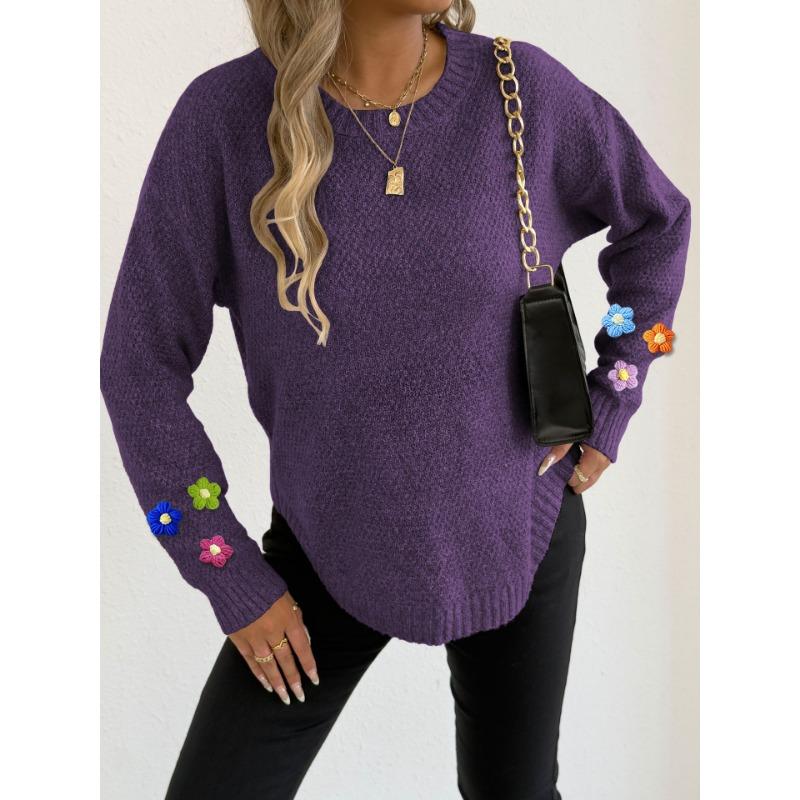 Women European Size Long Sleeve Crew Neck Crochet Flower Patchwork Pullover Sweater