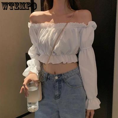 Schulterfreies Sexy Damen Kurztop mit U-Ausschnitt Reines Verlangen T-Shirt Crop Top Hochtailliert Nabel Frei Puffärmel Koreanische Mode Frühling Herbst