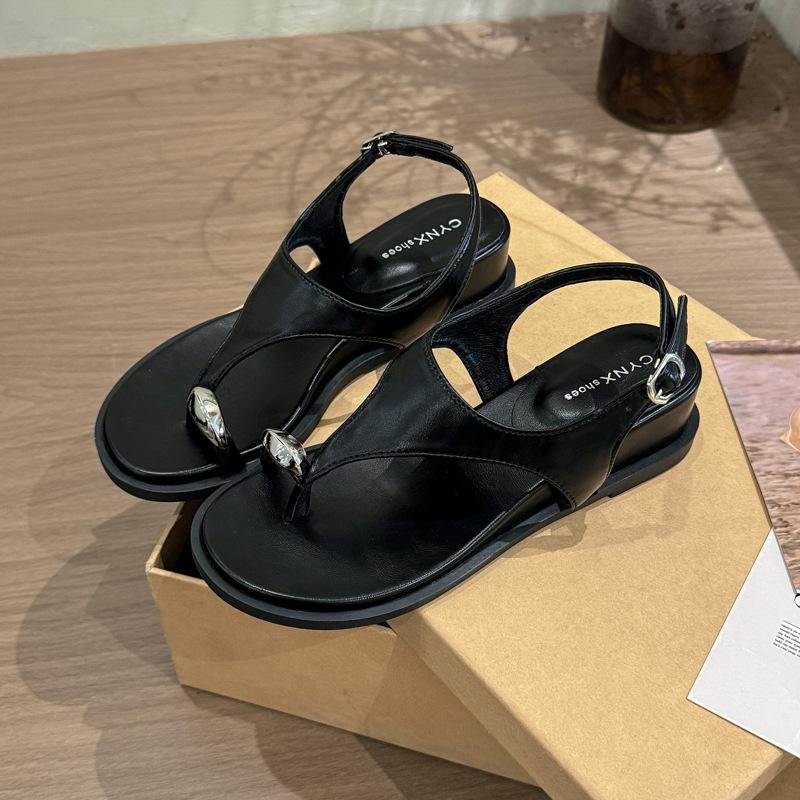 Round head French metal buckle women's set toe thick sole 3.5CM toe sandals holiday style word with Roman sandals