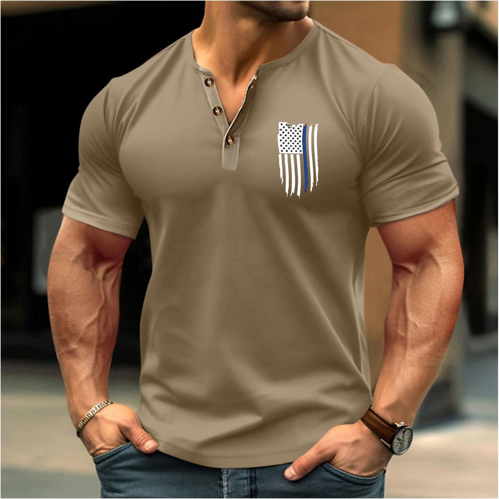 Vintage Summer Men's T-Shirt Streetwear 3 Buttons Open Fly Loose Clothing Print Short Sleeve T-Shirt