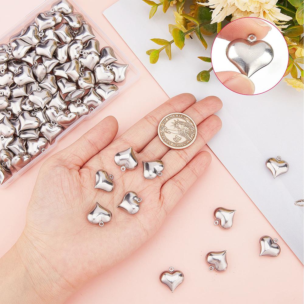 100Pcs 316 Surgical Stainless Steel Pendants, Heart Charm, Stainless Steel Color, 17x16x6mm, Hole: 1mm