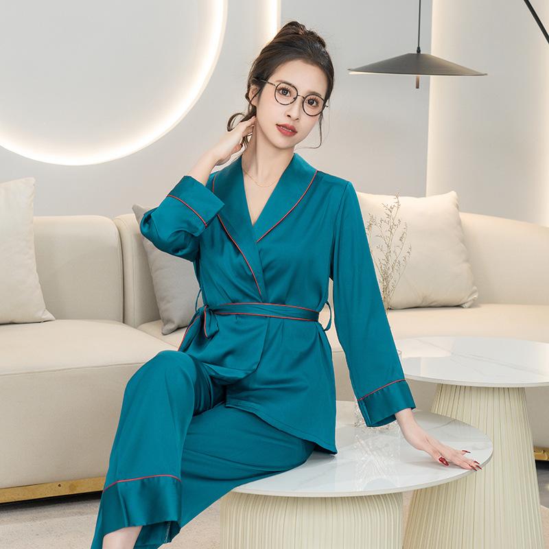 Satin-Pyjama für Damen, Herbst, neue langärmelige Strickjacke, Nachtwäsche, sexy Revers, Bademantel, Heimkleidung, lässige Nachtwäsche, zweiteiliges Set