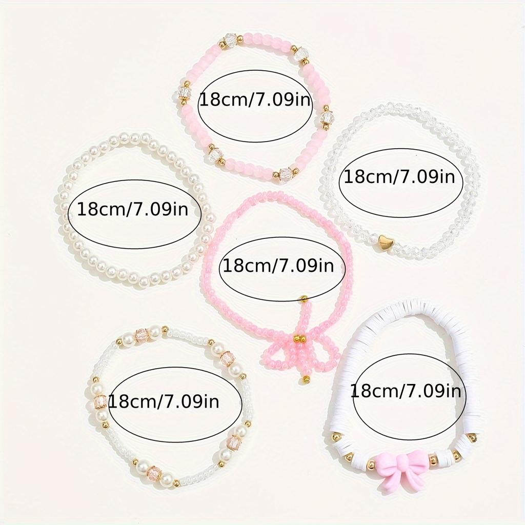 [Niedliches Perlenarmband] 6 Stück Niedlich Sexy Glasperle Imitationsperle Fimo Handgefertigt Positionierungsperlen Stapelarmband Set | Rosa Serie