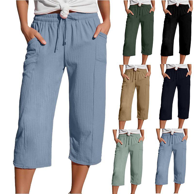 Women's Solid Color Cotton Linen Wide-Leg Drawstring Pants, Casual Seven-Point Length for Spring and Autumn