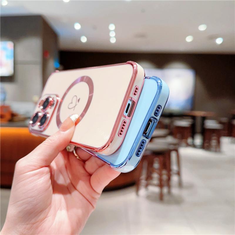 For iPhone Luxury Heart-shaped Magsafe Magnetic Plating Pattern Frame Phone Case For iPhone 11 12 13 14 15 16 Plus Pro Max Cover