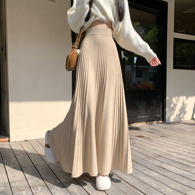 Eleganter Falten-A-Linien-Regenschirmrock mit hoher Taille, französisch-koreanischer Stil, für Herbst & Winter