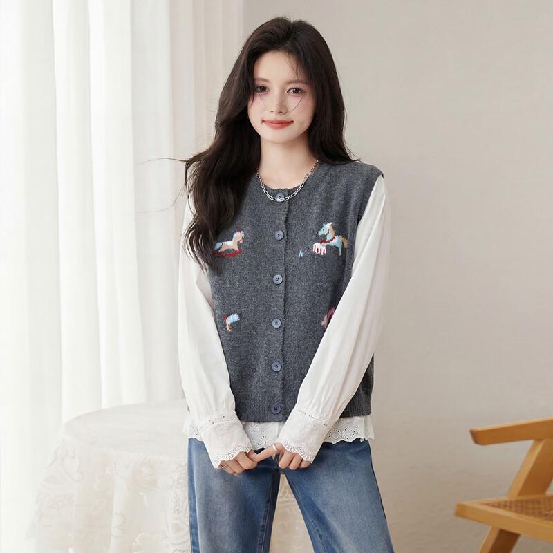 SIBOSHE Women's Round Neck Cartoon Embroidered Wool Blend Knitted Vest