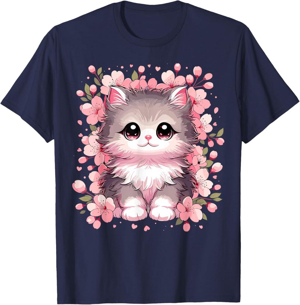 Cute Kawaii Kitten Cherry Blossoms Graphic T-Shirt Soft Cotton Casual Round Neck Tee