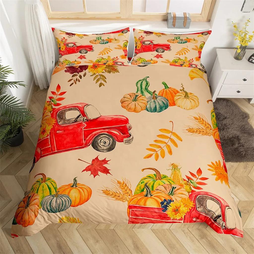 Fall Maple Leaves Autumn Harvest Theme Duvet Cover Cartoon Christmas Santa Thanksgiving Pumpkin Holiday Decor Gifts For Children