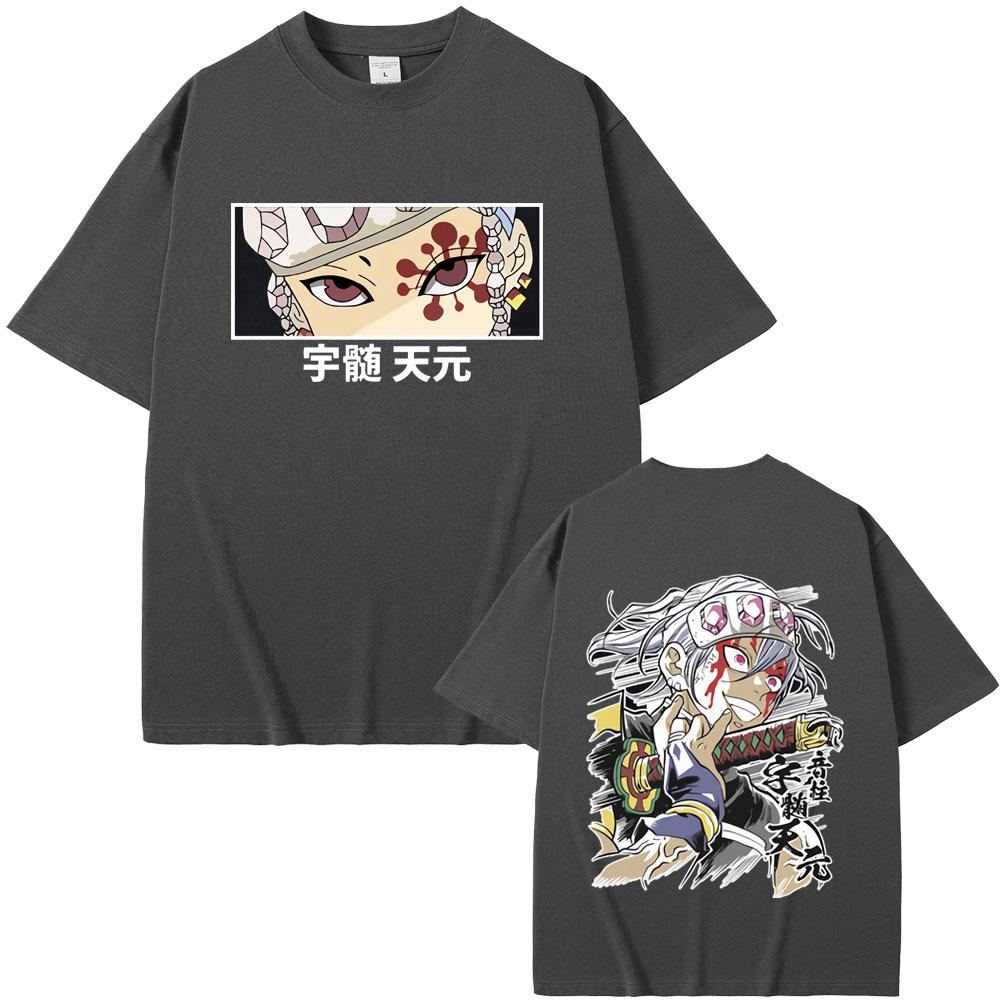 Anime Demon Slayer Uzui Tengen Double Sided Graphic Tshirt Men Women Casual Oversized Crewneck T-shirt Male Vintage Streetwear