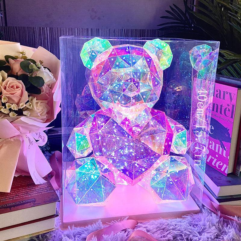 Large Prismatic Iridescent Love Bear With LED Lights, Colorful Glow Indoor Decorations for Girlfriend Valentine's Day Gift