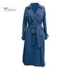 Denim Windbreaker Women Jacket Double-breasted with Side Pockets Lace-up Tie Waist Mid Spring And Autumn Length Solid Color Turn-down Collar Overcoat