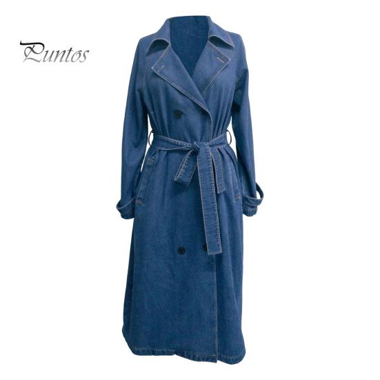 Denim Windbreaker Women Jacket Double-breasted with Side Pockets Lace-up Tie Waist Mid Spring And Autumn Length Solid Color Turn-down Collar Overcoat