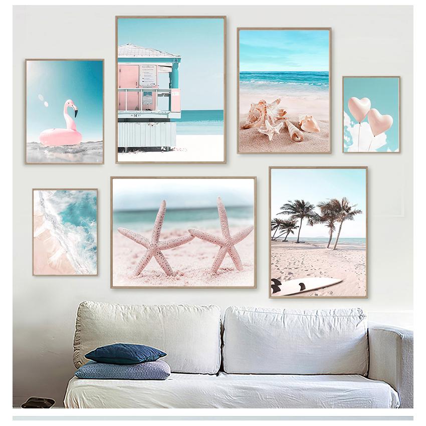 Flamingo Wall Art Canvas Painting Nordic Posters And Prints Pictures For Living Room Tropical Sea Beach Starfish Surfboard