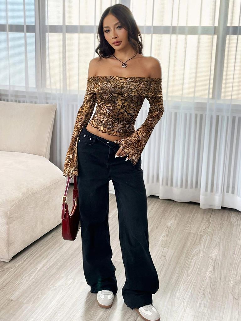Leopard Print Off-the-Shoulder Mesh Top with Flare Sleeves