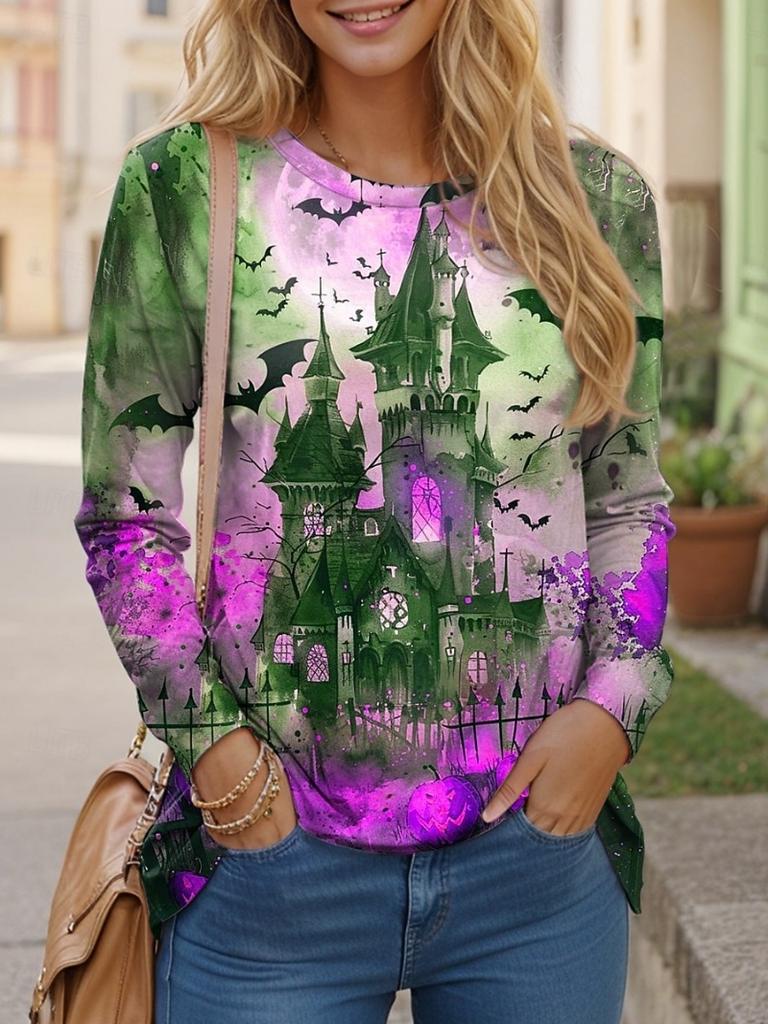 Women's All-match Halloween Shirt 3D Printed Little Ghost Pumpkin Combination Print Round Neck Long Sleeve Polyester Fabric Top