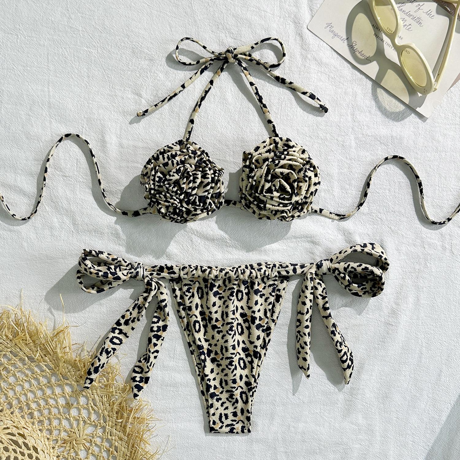 European and American leopard print flower sexy drawstring straps split swimsuit bikini bikini S