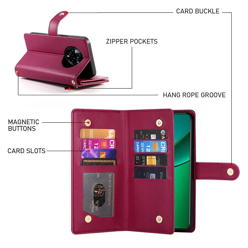 DF-011 For Realme 14 Pro 5G Case Zipper Pocket Wallet Leather Phone Cover with Straps