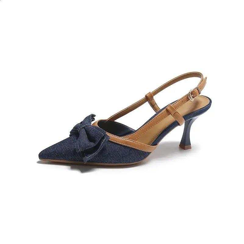 Pointed Heel Sandals Velvet Shoes Suit Female Beige Women's Suede Low Closed Denim Black Fashion Real Girls Stiletto Retro