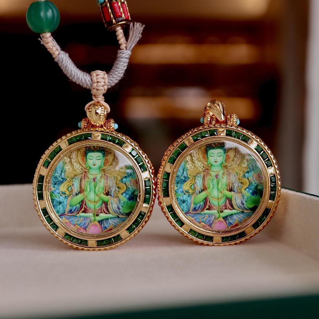 Qinghai Regong Green Tara Hand-painted Ethnic Thangka Pendant