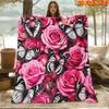 1pc 2D Flat Printing Spring & Summer New Arrival Pink Rose And Black White Butterfly Theme Digital Print Blanket, All Seasons, Casual Throw, 100% Poly