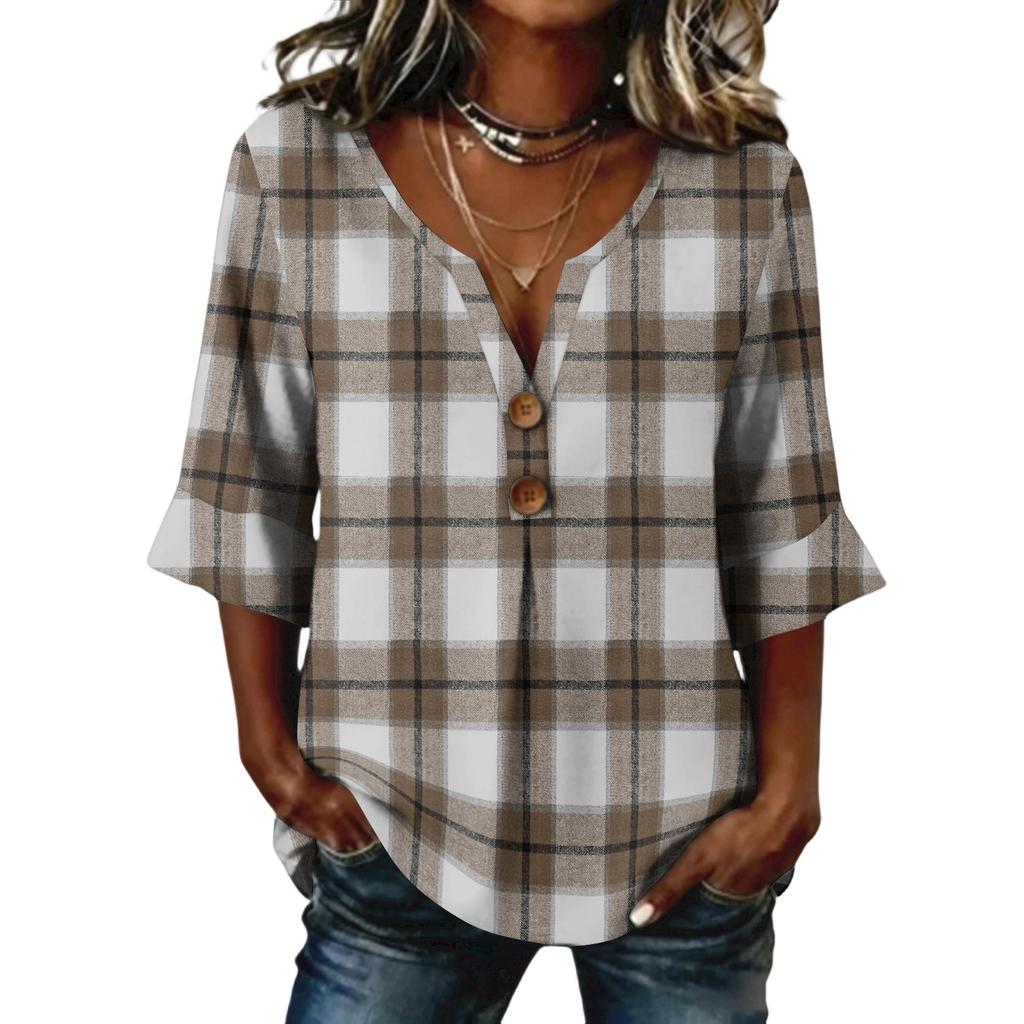 Ladies' plaid printed button casual V-neck fashionable seven quarter sleeve top