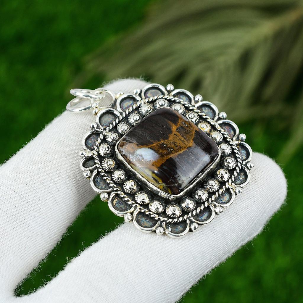 Cushion Iron Tiger Eye Stone 925 Sterling Silver Unique Bezel Boho New Pendant
