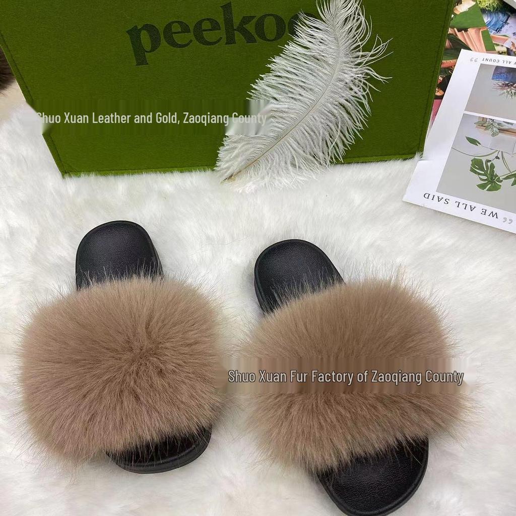 Women's Summer Fox Fur Slippers: Celebrity Trend, Flat Fur Sandals, Soft-Soled Flip Flops, Euro-American Style.