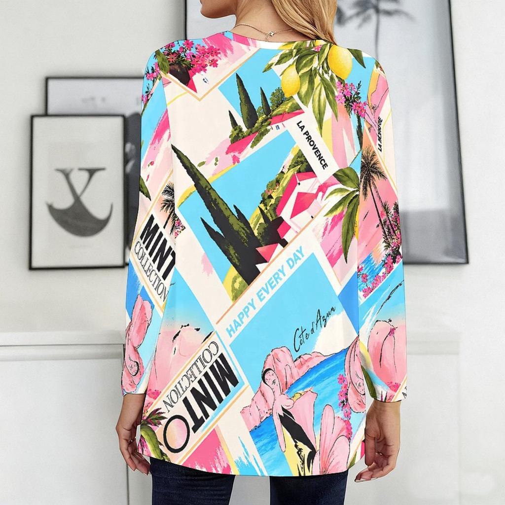 Women Plus Size Round Neck Printed Long Sleeve T Shirt Blue Brown Loose Fit Longline With Pockets