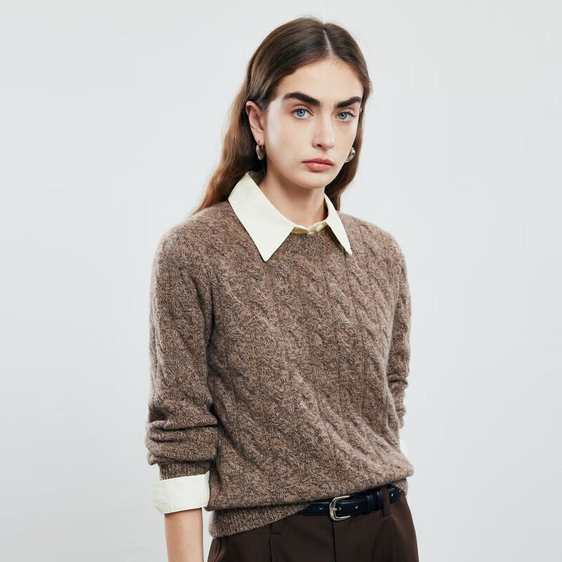 PALUOPO Women's Round Neck 3D Cable Knit Cashmere Sweater