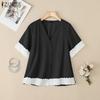 ZANZEA Women Casual V-neck Lace Patchwork Short Sleeve Loose Blouse