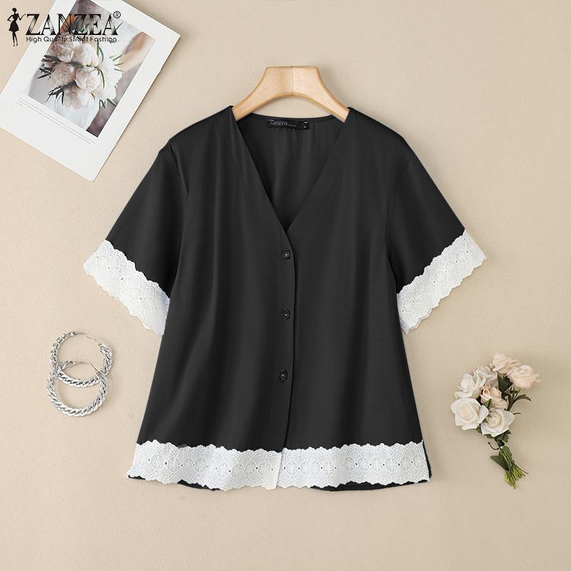 ZANZEA Women Casual V-neck Lace Patchwork Short Sleeve Loose Blouse